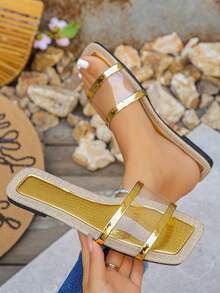 Damen Herbst/Winter Neue Kristall Strass Transparente Pantoffeln, Gold Pantoffeln, Mode leichte flache weiche Sohle Slip-On Pantoffeln, Innen-/Außenbereich Tragen, Lässig Strandschuhe, Komfortabel und göttlich