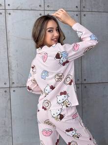 SANRIO 2件套Hello Kitty女士翻领纽扣长袖印花衬衫睡衣+松紧腰长裤可爱睡衣套装，秋冬服装 - 粉色 - 查看 4