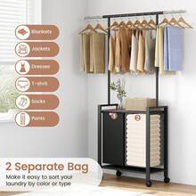Laundry Sorter With Wheels,Rolling Laundry Hamper With Hanging Bar,2-Section Laundry Basket Organizer With Removable Bags,Dirty Clothes Hampers For Laundry Bedroom Bathroom - 2 bolsas - Ver 6