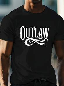 Men'S Summer T-Shirt In Plus Sizes Featuring A Monochrome OUTLAW Graphic Print, Short Sleeves,  Casual Wear For Everyday Use, Designed For Big And Tall Individuals. - White - View 7