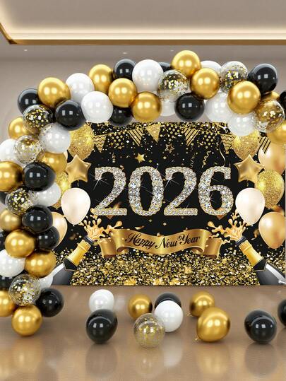 68pcs, Black Golden Balloon Garland Arch Kit, Includes 1pc Happy New Year Backdrop,Black And Gold Balloons And Gold Confetti Ballons Decorations For 2026 New Year Party, Retirement Anniversary, Happy New Year Party Decoration, New Years Decorations 2026,Holiday Celebration, Suitable For Wall Background Decor, New Year'S Eve Party Decor, Photography Props