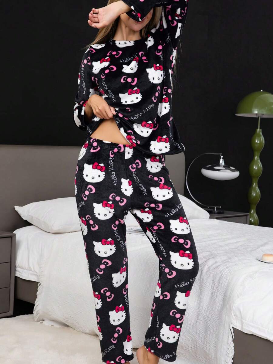 2pcs Women's  Cartoon Cute Flannel Warm Thick Fleece Pajama Set, 1 Full Print Long Sleeve Crew Neck Top And Pants, Comfortable Loose Fit, Suitable For Autumn/Winter - 黑色 - 查看 1