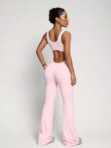Midriff-Revealing Design, Elongates Leg Lines, Sexy Sportswear, Showcases Confident Charm, Backless Sports Jumpsuit, Cinched Waist Flare Pants Bodysuit, Butt-Lifting Activewear, Waist-Cinched Butt-Lifting Yoga Shapewear Jumpsuit - Pink - View 5