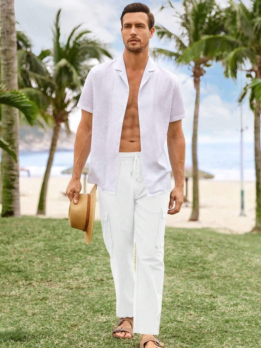 Mens Linen Cargo Pants Lightweight Elastic Waist Drawstring Casual Loose Summer Vacation Beach Yoga Pants With Pockets - 白色 - 查看 1