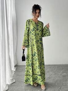 1 Stück Damen Maxikleid mit Blume Muster und Langarm in A-Linie, lässiges grünes Kleid geeignet für Hochzeiten, elegantes arabisches Abaya-Kleid für luxuriöse Partyveranstaltungen im Frühling - Grün - Übersicht 5