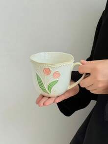 1 pieza Taza de café con diseño de tulipán en relieve y acabado de esmalte craquelado vintage, taza de cerámica de alta calidad para arte de latte, elegante taza para el té de la tarde, taza para desayuno y leche. Adecuada para restaurante, sala de estar, regalo de cumpleaños, regalo para ella, regalo para la mejor amiga