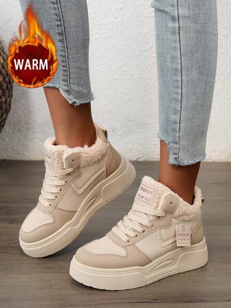 1 par isolerade snöstövlar med färgblock för kvinnor, rund tå med snörning, vandringskängor för höst/vinter