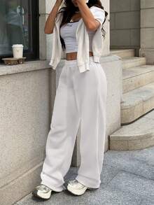Pantalones de chándal sueltos y casuales de unicolor con cintura elástica - Blanco - Ver 7