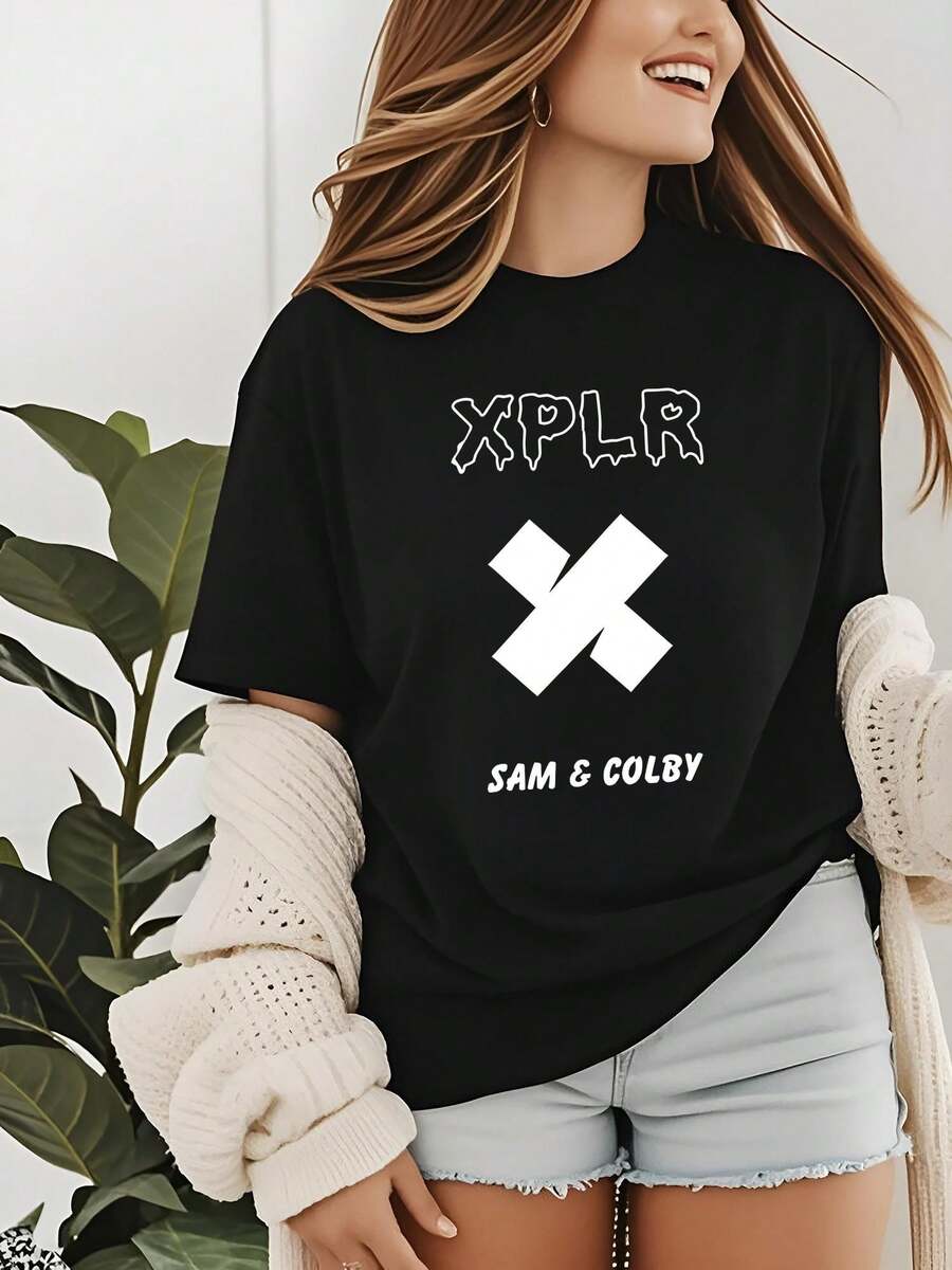XPLR. Camiseta para mujeres, con gráfico de la palabra. Cómoda poliéster pullover con cordones, de color negro, perfecta para viajes y ocio, diseño deportivo, ajuste cómodo - Negro - Ver 1