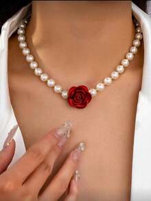 Red Rose Pendant Pearl Necklace For Women, Luxury Vintage Choker Necklace, Exaggerated European And American Fashion Accessory