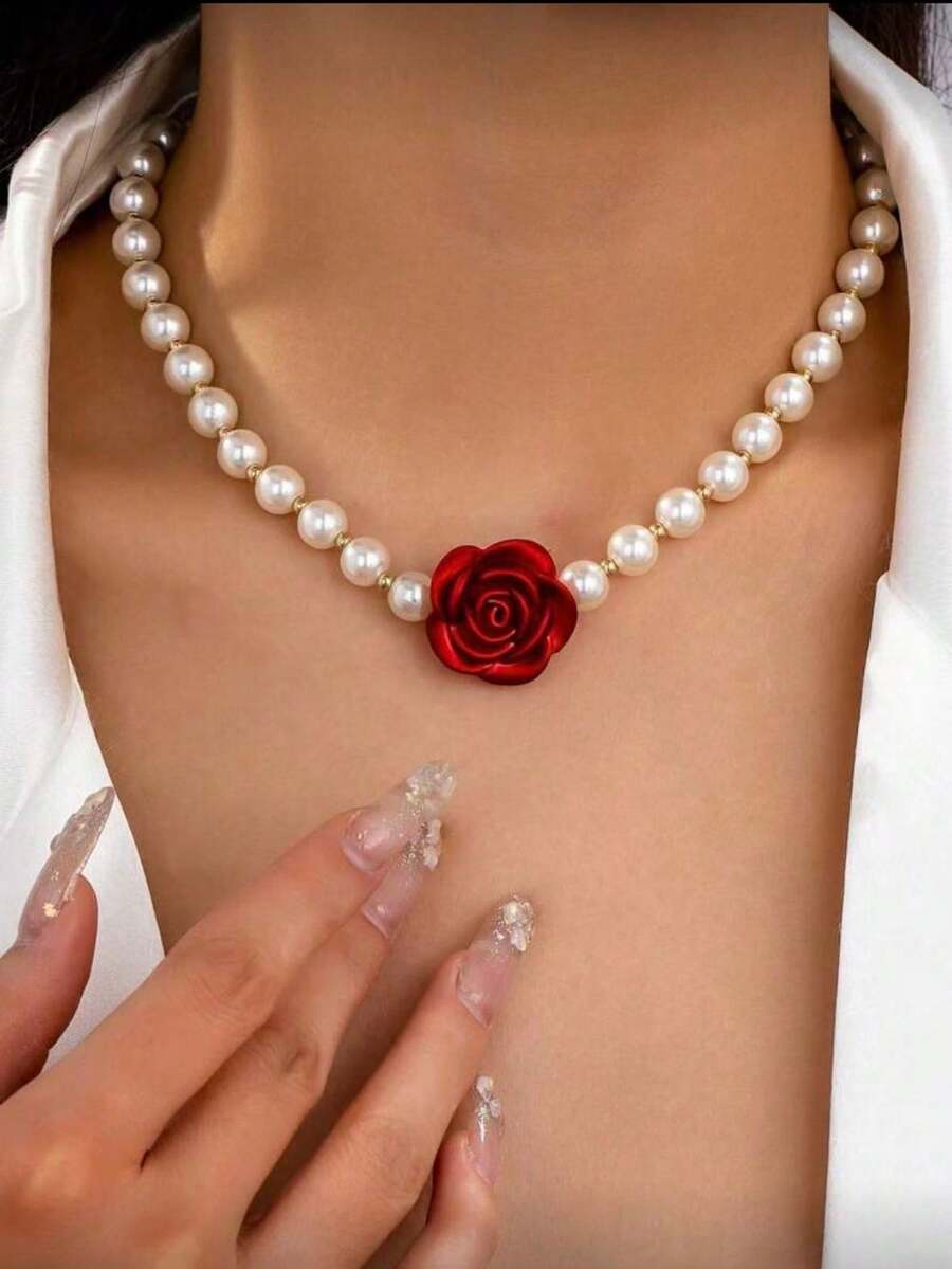Red Rose Pendant Pearl Necklace For Women, Luxury Vintage Choker Necklace, Exaggerated European And American Fashion Accessory