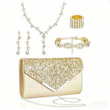 5pcs/Set Sequin Decor Accessories Set - Sequin Clutch, Necklace, Earrings, Bracelet, Elegant Style For Wedding & Party
