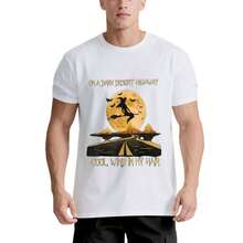 Camiseta unisex de Halloween de bruja montando escobas en carretera - 220g% algodón, blanco y negro, manga corta, cuello redondo, tema de Halloween, regalo para hombres, mujeres, papá, mamá y amigos, tallas S- - Blanco - Ver 1