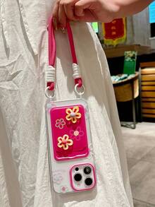 Casing Ponsel Pemegang Kartu Gaya Lanyard Pink, Casing Ponsel Pemegang Kartu Bunga Pink, Casing Ponsel Pemegang Kartu Lanyard Bunga 3D Warna-warni, Kompatibel dengan Apple 16 Pro Max/ 15 Pro Max, New 11, 12, Creative 12, 11 Anti-Jatuh, 14 Pro/13 Pelindung, Kompatibel dengan iPhone 17 Pro Max/17/Pro/17 Plus/17, Gaya Musim Panas, Hadiah Musim Semi untuk Ibu Pesta - Hot Pink - View 3