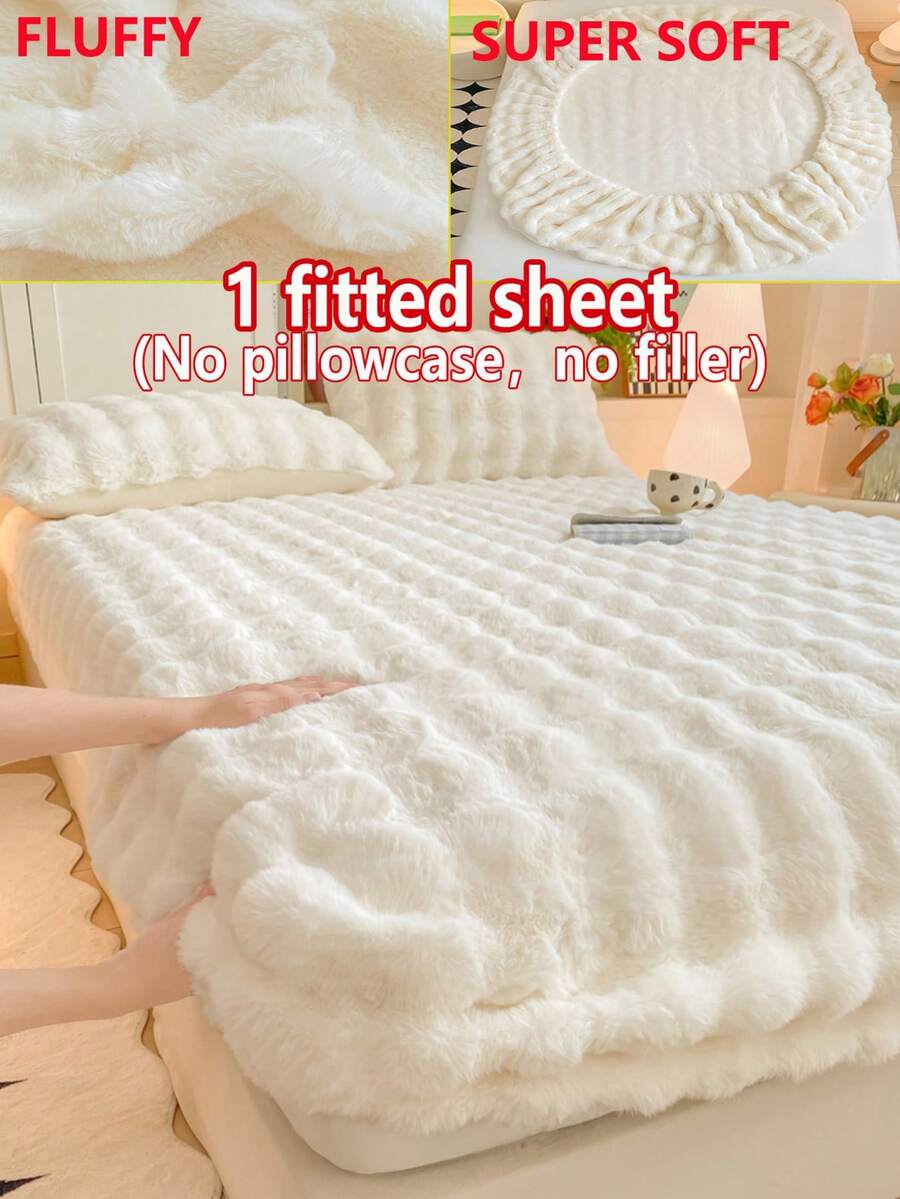 1 件厚仿兔毛床笠，床垫保护套，花卉图案，毛绒，温暖，抗皱，可拆卸和清洗，单人/双人/全尺寸 - 非常适合卧室和客房 - 泡泡 優雅白 - 查看 1