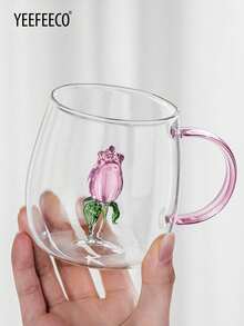 yeefeeco 1 件粉红玫瑰玻璃杯 - 高硼硅玻璃咖啡杯，带花卉图案，茶杯，咖啡杯，水杯，非常适合优雅啜饮 - 杯子 - 查看 2