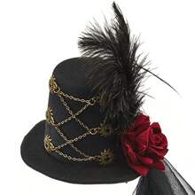 قبعة صغيرة بتصميم بخاري لحفلة هالوين ذات طابع جوثي، مع تزيينات من الدانتيل والريش كتاج للشعر