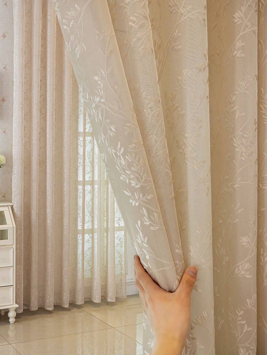 1pc European Style Flocked Sakura Pattern Curtain Sheer Panel For Living Room, Bedroom, Balcony, Dining Room, Thickened Semi-Transparent Partition Curtain, Jacquard Simple European Style Grey Curtain Home Decor - Beige - View 1