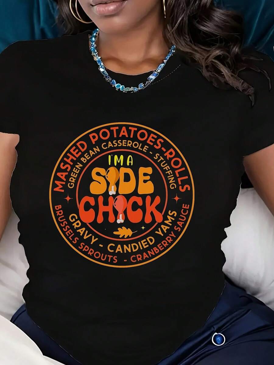 Plus Size T-Shirt With I'm A Side Chock Food-Themed Print - Mashed Potatoes, Green Bean Casserole, Stuffing, Gravy, Candied Yams, Brussels Sprouts, Cranberry Sauce - Casual Wear For Thanksgiving And Holiday Gatherings,220g - Black - View 1
