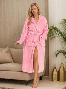 Flannel Plain Weave Hooded Bathrobe, Soft, Comfortable, And Warm Women's Nightgown, Short-Length Terry Cloth Shawl-Collar Bathrobe - 粉色 - 查看 3