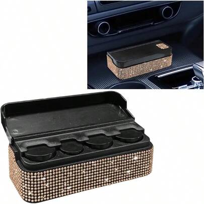 Bling Coin Holder For Car Crystal Rhinestone Coin Storage Box Money Dispenser With 4 Compartment Universal Car Coin Change Organizer For Most Cars SUVs Trucks Champagne