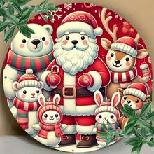 1pc 7.87 Inch Round Aluminum Metal Plaque - Rustic Christmas Santa & Animal Holiday Decorative Sign With Snowflakes, Holly & Reindeer, Matte Finish, Pre-Drilled Holes For Easy Hanging, No Electricity Needed For Indoor/Outdoor Home, Farmhouse, Store, Garden, 2D Flat Home Decor Christmas Decorations Room Decor
