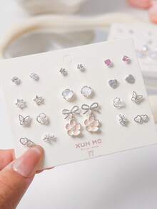Bộ 11 đôi bông tai đá mắt mèo, bông tai đính nơ lấp lánh màu pastel, bông tai đá mắt mèo hợp kim kẽm thanh lịch, trang phục thời trang hàng ngày, món quà tuyệt vời cho bạn gái - Hồng - Xem 16