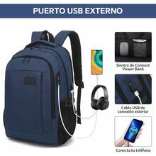 Mochila para portátil, mochila de 15.6 pulgadas, mochila impermeable antirrobo con puerto de carga USB y puerto para auriculares, unisex - azul - Ver 2