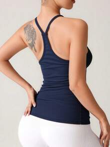 U领蓝色露背吊带背心，修身透气，时尚无袖上衣，带胸垫，四季皆宜 - 藍色 - 查看 5