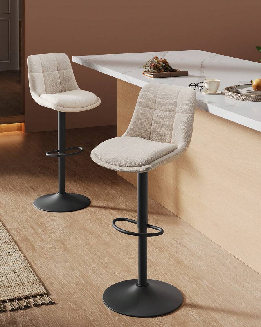 Juego de 2 Taburetes de Bar, Sillas Altas Giratorias Regulables en Altura, Sillas de Cocina con Respaldo y Reposapiés, Comedor, Mostrador, Acero, Blanco Crema - Blanco - Ver 1