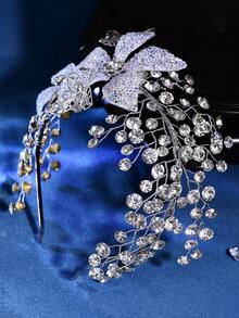 1pc Elegant Ombre Floral Headband With Sparkling Rhinestone Alloy Leaf Decor, Romantic Bridal Headpiece Suitable For Wedding, Halloween, Christmas, Party, Photography