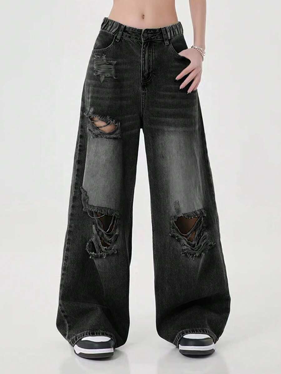 少女款做旧直筒牛仔裤，复古水洗宽松阔腿牛仔裤 - 黑色 - 查看 1