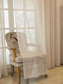 1pc European Style Flocked Sakura Pattern Curtain Sheer Panel For Living Room, Bedroom, Balcony, Dining Room, Thickened Semi-Transparent Partition Curtain, Jacquard Simple European Style Grey Curtain Home Decor - Beige - View 6