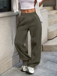 Sulojter Casual Loose Solid Color Elastic Waist Sweatpants - Khaki - View 1