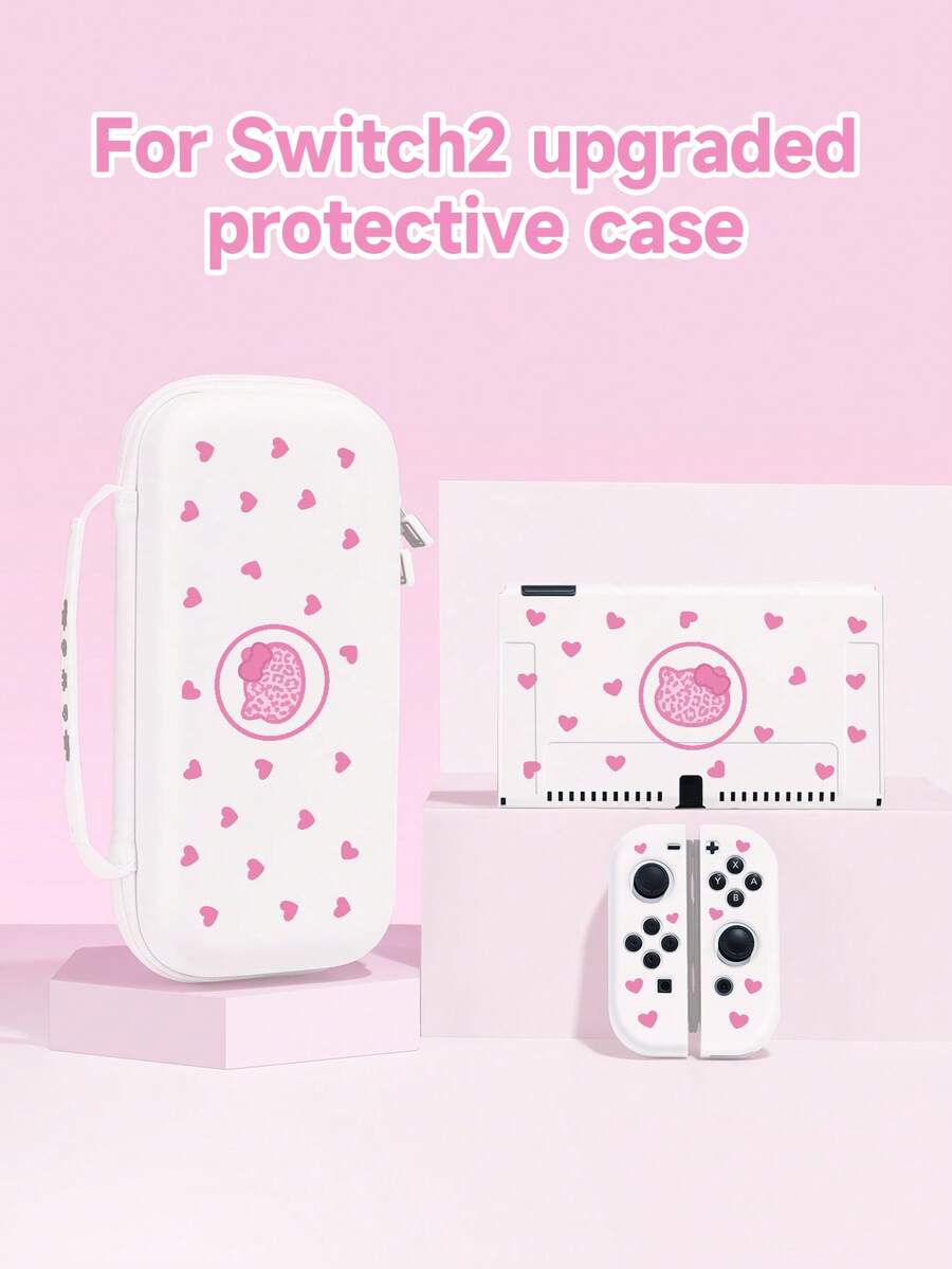 1pc Pink Heart, Bow & Leopard Print Kitten Pattern Protective Case Compatible With Nintendo Switch 2 (2025), Switch NS, Switch OLED, Switch Lite, Accessories For Nintendo Switch 2/Switch, Full Set Including Storage Pouch, Card Slot Dock, Best Gift For Switch Players - Multicolor - View 1