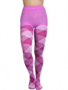 Women's Argyle Checkered Rhombus Net Opaque Sheer Tights Pantyhose, Fashionable 2025 7FWD - 大號不透明對比菱形花紋印花 - 粉紅色/紫紅色 - 查看 8
