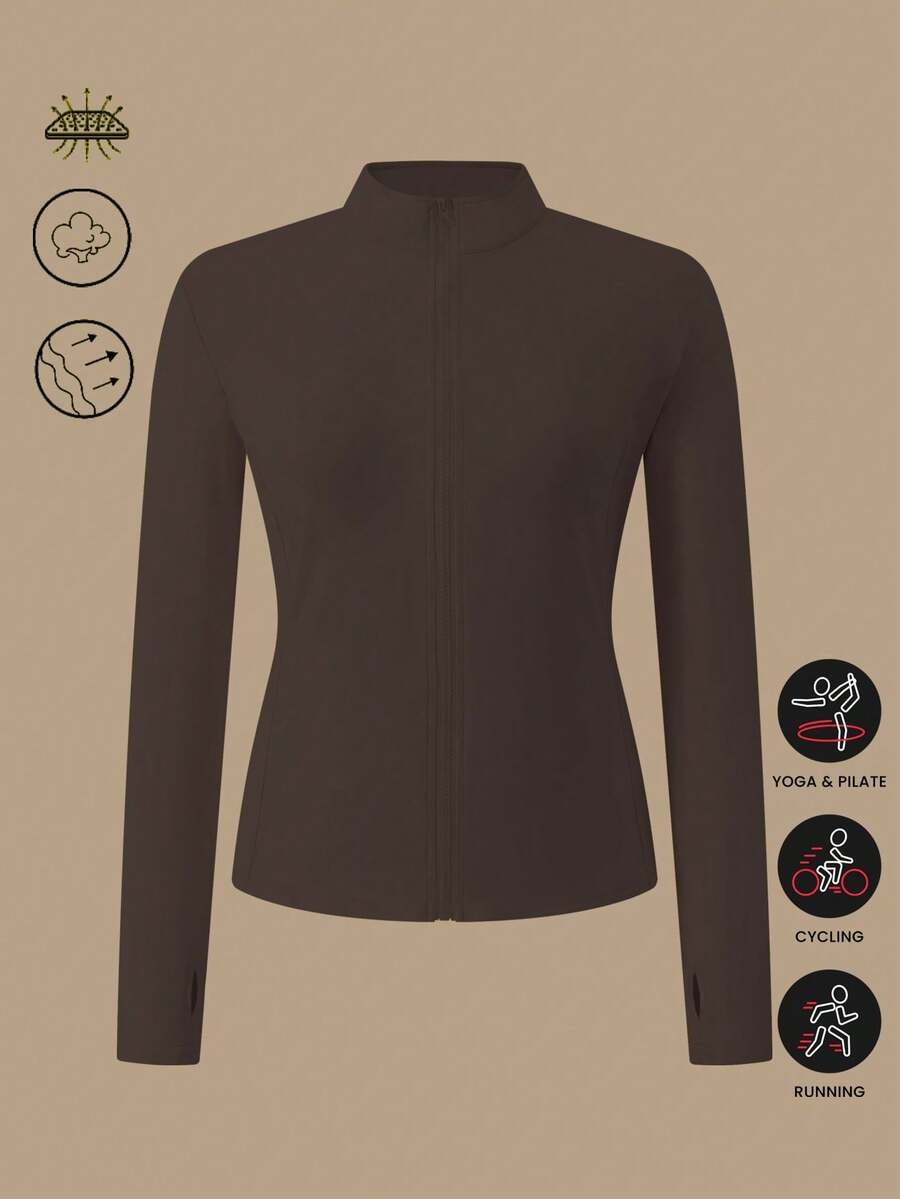 1pc Women Plus Size Thumb Hole Fitted Yoga Fitness Jacket, Suitable For Running And Yoga, All Season - Burgundy - View 1