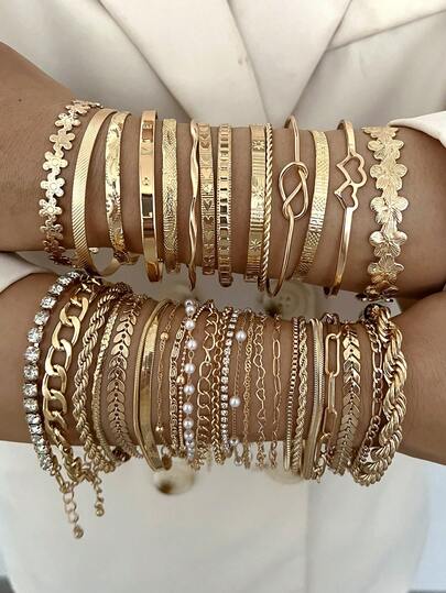 30/20/10/6pcs Multi-Piece Stacking Vintage Elegant Fashionable Minimalist Delicate Floral Geometric Ribbon Pearl Crystal Bling Bling Heart Floral Criss-Cross Braided Snake Bone Chain Airplane Chain Braided Chain Box Chain Lock Chain Cuban Chain Smooth Simplistic Plain Chain Bracelet Set, Suitable For Holiday, Party, Date, Gift, Daily Wear