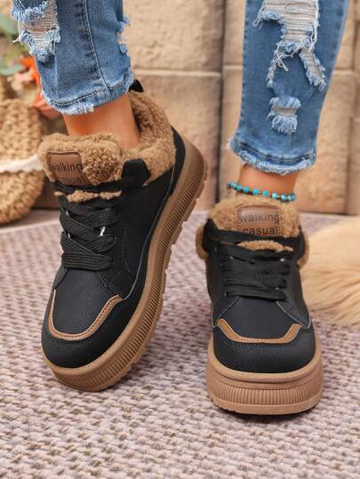 Stivali da neve con pelliccia per donna/Sneaker con zeppa e platform, con suole spesse per un aumento di altezza alla moda; tomaia in PU con fodera morbida per il calore, polsini alla caviglia in pelliccia per stile e comfort, adatti da abbinare a jeans e outfit casual, sneaker eleganti da donna per l'autunno/inverno, disponibili nei colori nero e marrone