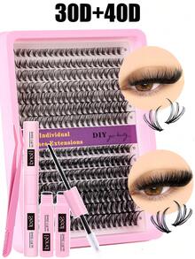 612/200/240片装DIY睫毛嫁接套装，包含胶水、封层剂、睫毛胶卸妆液、镊子、眉刷，30D/40D/30D+40D/40D+60D/60D+80D/80D+100D浓密单簇假睫毛，纤长柔软仿貂毛睫毛，适合猫眼妆、美容派对和旅行。 - 黑色 - 查看 20