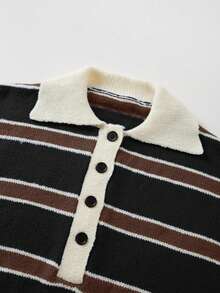 FOR BEAUTY 女士秋冬撞色条纹长袖针织 Polo 衫，时尚、温柔、简约、百搭、休闲舒适，适合日常通勤，舒适百搭，新年上衣黑色 - 黑色 - 查看 6