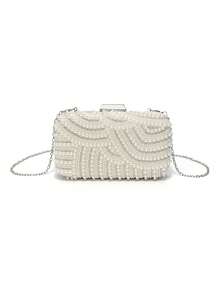 Mini Bolsa Clutch com Alça Transversal, Bordada com Pérolas Grandes e Pequenas em Ambos os Lados