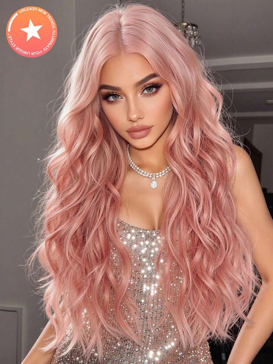 高品质 26 英寸八字形流苏粉色长卷发合成耐热纤维假发女士假发非常适合节日派对日常佩戴