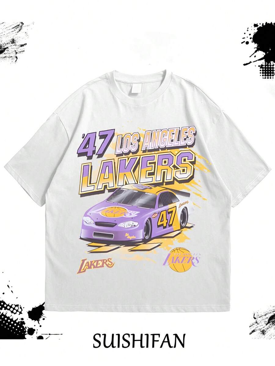 Lakers Car Graphic Print Soft & Comfortable Crew Neck Short Sleeve Graphic Tee, Streetwear Fashion Top for All Seasons, Casual Streetwear | Round Neck Tshirt - Blanco - Ver 1