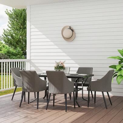 Outsunny 7 Piece Patio Dining Set, PE Wicker Patio Table And Chairs With Cushions, Umbrella Hole, Slatted Table Top, Patio Furniture Conversation Set For Backyard, Porch, Garden