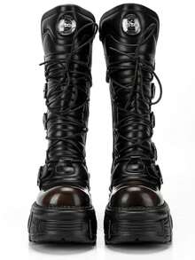 2025 New Fall/Winter Punk Mid Length Boots For Women Round Toe Solid Color Lace Up Thick Sole Thick Heel Fashionable Outdoor Party Boots Halloween Easter Street Style Motorcycle Shoes - màu nâu - Xem 6