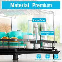 Escurridor de Trastes de 2 Niveles de Acero Inoxidable para Cocina, Escurreplatos con Bandeja de Drenaje, Soporte para Utensilios, Tabla de Cortar y Estante para Tazas, Fácil de Instalar y Limpiar - Negro - Ver 8