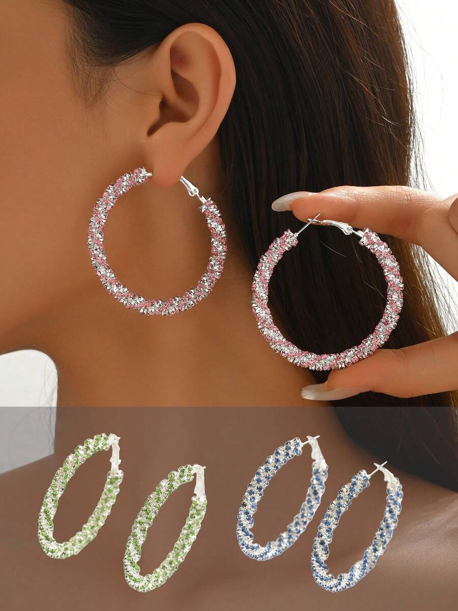 1 Pair Minimalist Chic Copper Rhinestone Geometric Round Luxury Hoop Earrings, Versatile & Elegant Accessories For Women