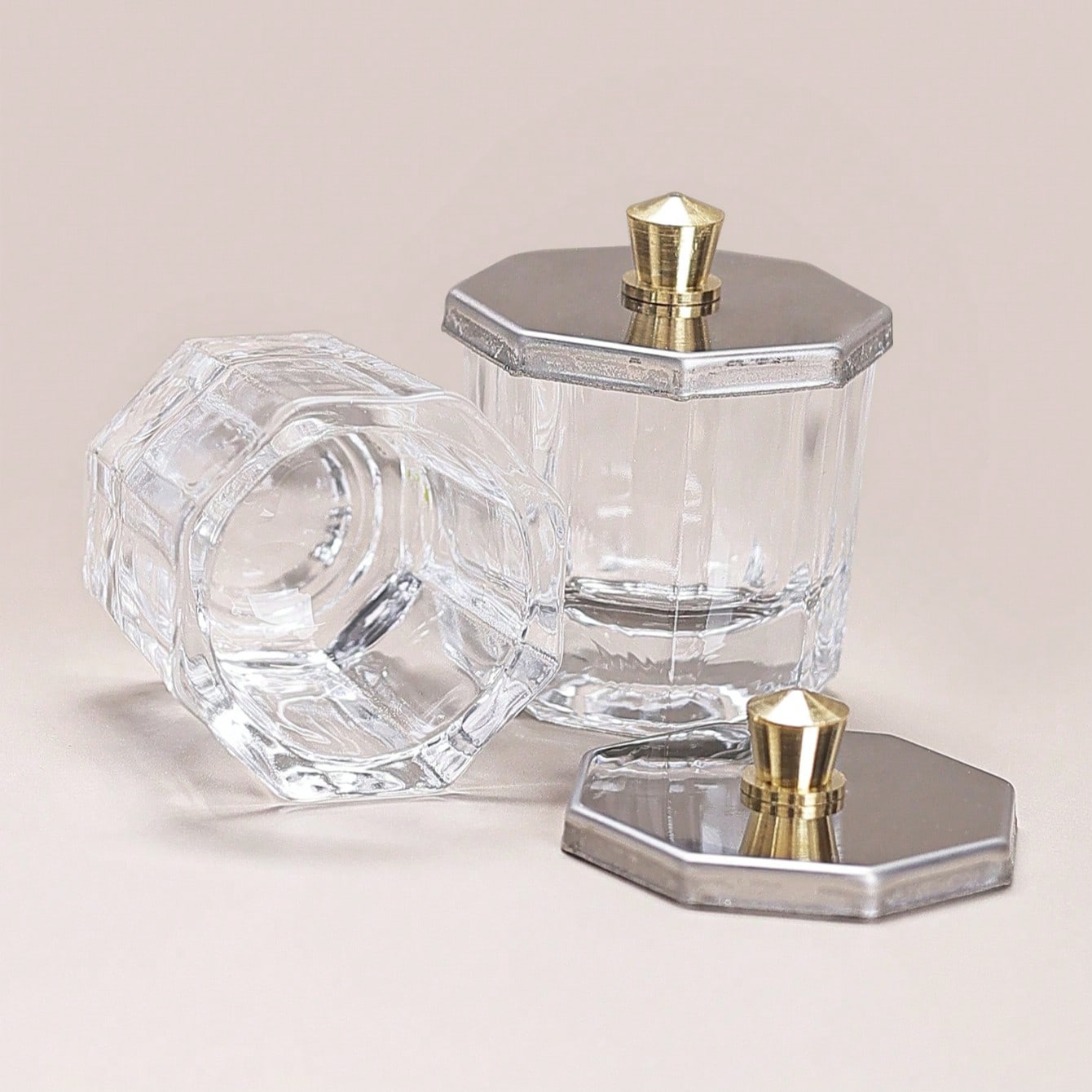 Crystal Glass Dappen Dish For Acrylic Nail Dip Powder, Monomer, And Nail Polish Remover (Octagon Shape With Stainless Steel Lid, 1 Piece)