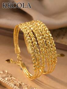 KKCOLA 1pc Fashionable Multi-Coil Beaded Bracelet With Wavy Pattern, Bohemian Style, Party/Festival Gift, Jewelry Accessory, Daily Wear - Yellow Gold - View 1